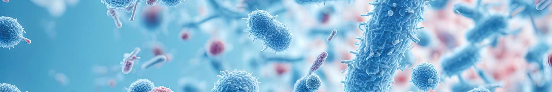 Blue microscopic bacteria and microorganisms illustrating microbiology research and microbial cells 