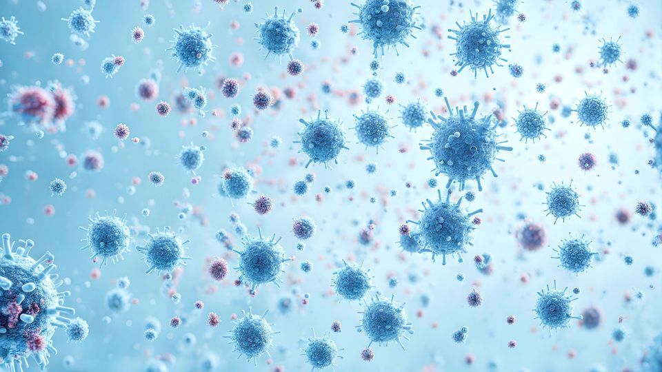 3D render of numerous blue viruses suspended in a light background, with varying sizes and sharp surface spikes.