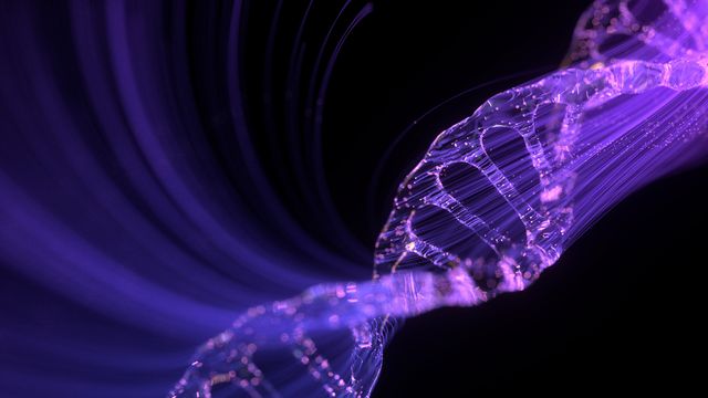 DNA double helix structure with glowing purple lines on a black background. 