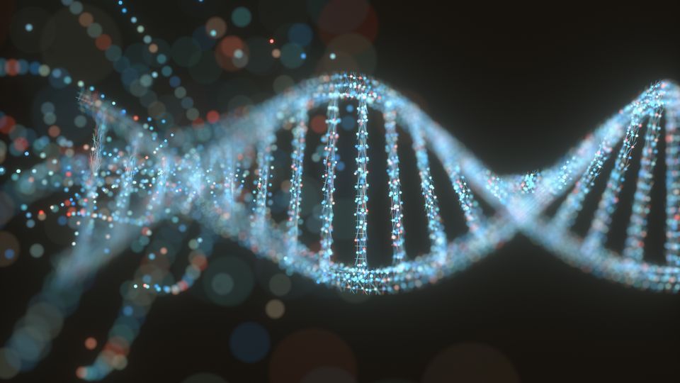 Illustration of a DNA double helix. The DNA is light blue and appears to be glowing on a black background.