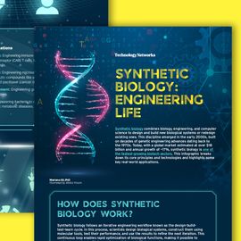 A modern illustration of a DNA double helix next to the text "SYNTHETIC BIOLOGY: ENGINEERING LIFE" with engineering-themed graphics in the background. 
