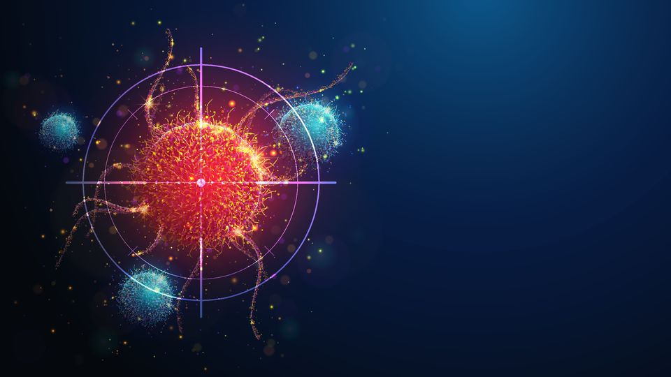 Three small blue immune cells home in on a large red cancer cell that sits under crosshairs.