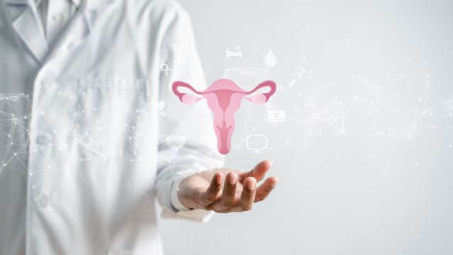Healthcare illustration of a uterus above an outstretched hand, representing women's health and reproductive care. 