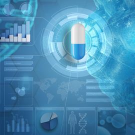 A capsule with DNA, charts, and digital interfaces representing drug development. 