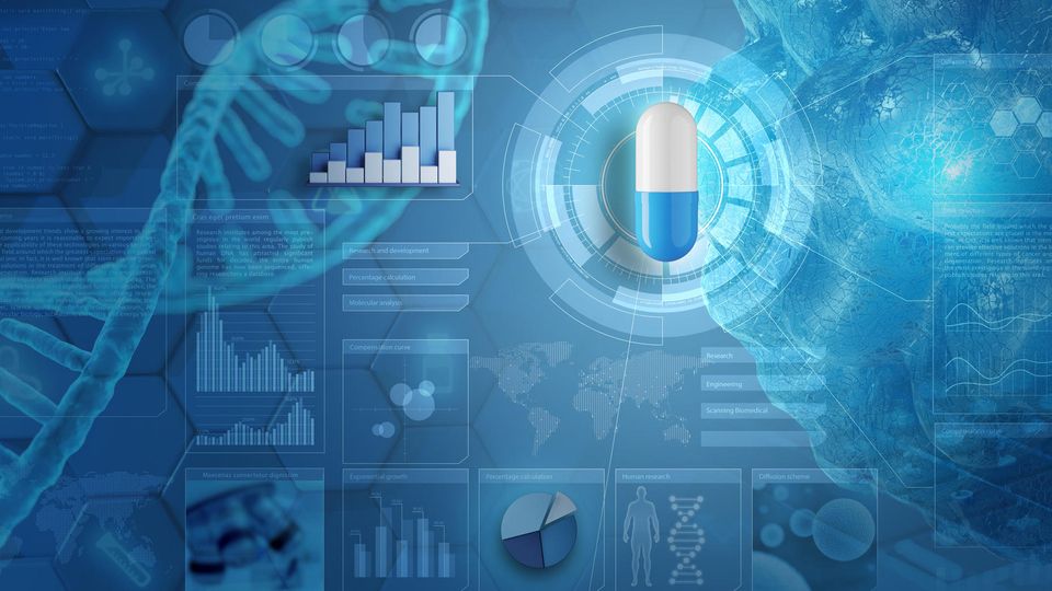 A capsule with DNA, charts, and digital interfaces representing drug development.