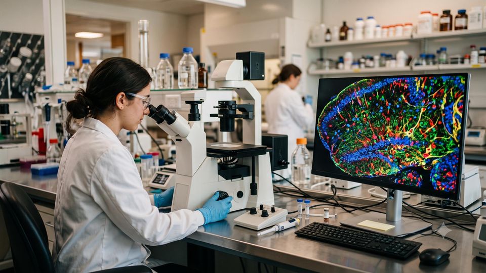 AI-generated researcher viewing multiplexed tissue imaging data on a lab monitor.