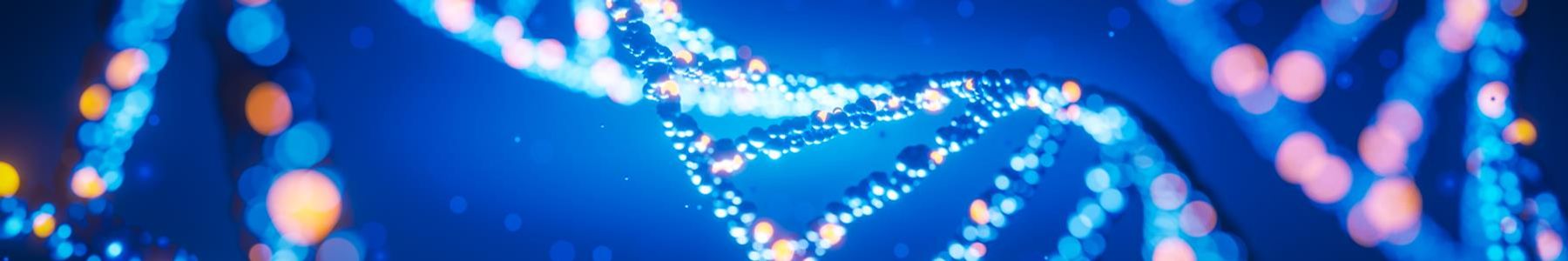 Illustration of a DNA double helix representing genome editing and scalable manufacturing. 