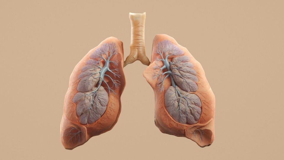 3D anatomical illustration of a human lung pair showing branching bronchi and internal lung structure.