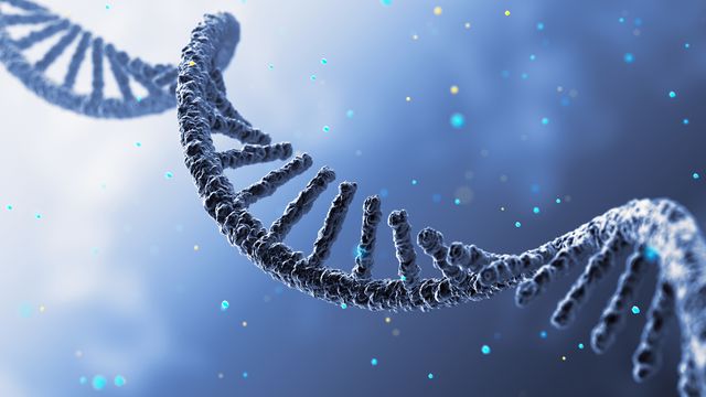 Render of an RNA strand running diagonally across a hazy blue background. 