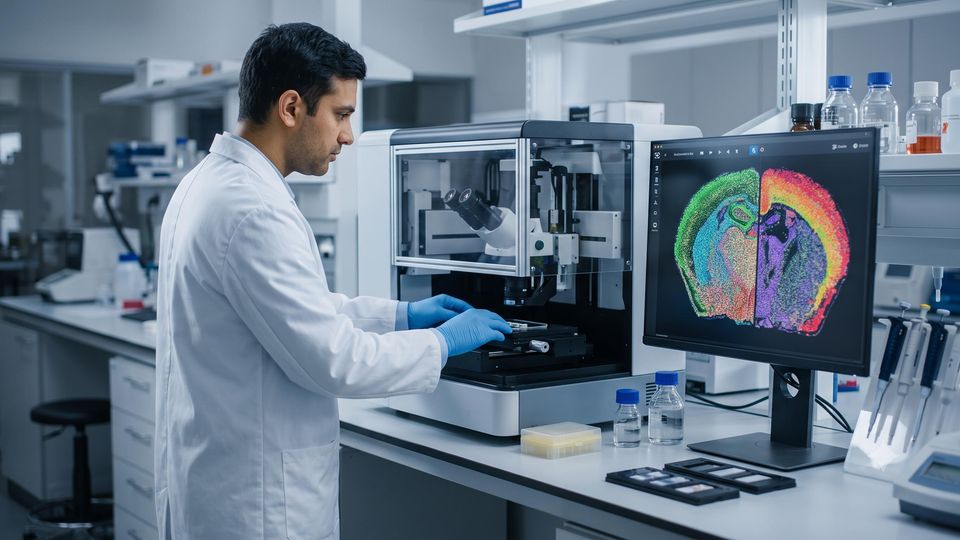 AI-generated researcher operating a spatial transcriptomics imaging instrument in a lab.