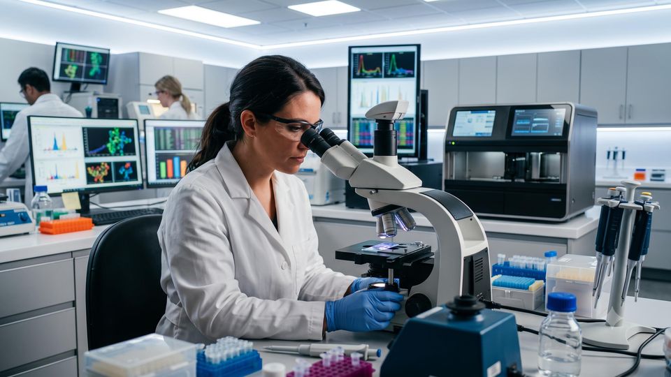 AI-generated researcher examining a tissue slide on an imaging instrument in a lab.