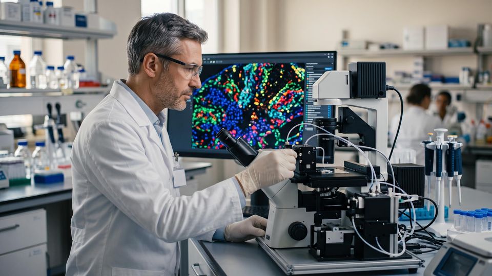 AI-generated researcher viewing spatial transcriptomics data on a lab monitor with tissue imagery.