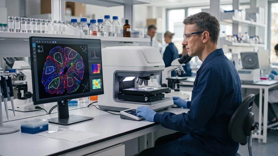 AI-generated researcher operating a digital spatial profiling instrument in a lab.