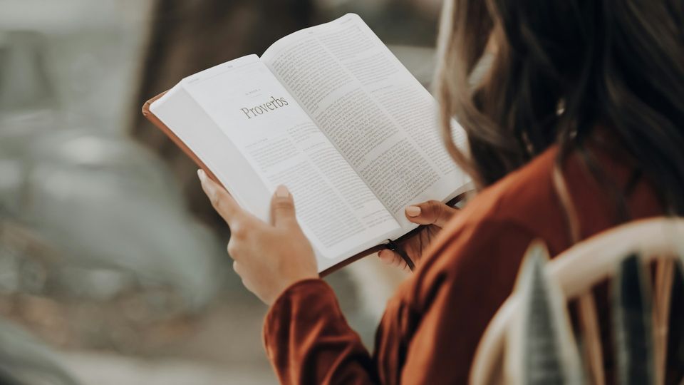 Person reading an open book with the Book of Proverbs.
