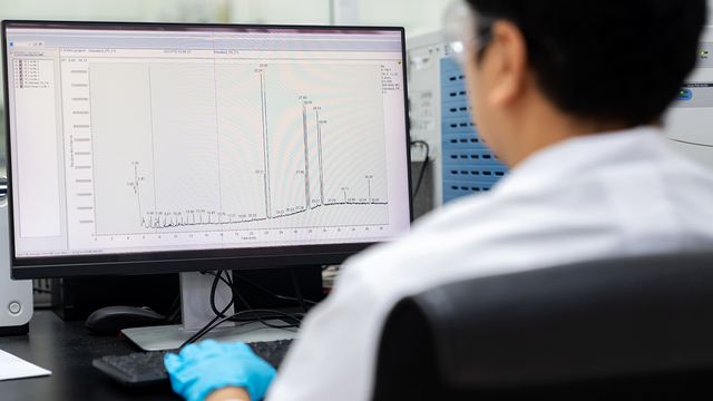 Laboratory scientist reviewing a gas chromatograph output to advance routine trace analysis by gas chromatography. 