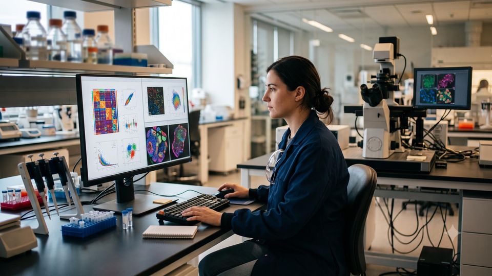 AI-generated image of a laboratory scientist comparing spatial transcriptomics platform specification sheets.