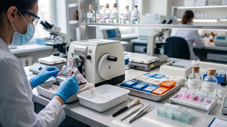 AI-generated histology lab bench with microtome, tissue cassettes, and slides for sectioning.