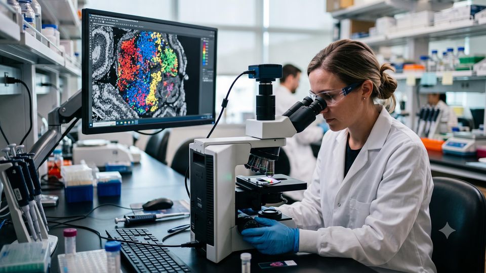 AI-generated lab technician examining a tissue section under a fluorescence microscope for spatial transcriptomics QC.