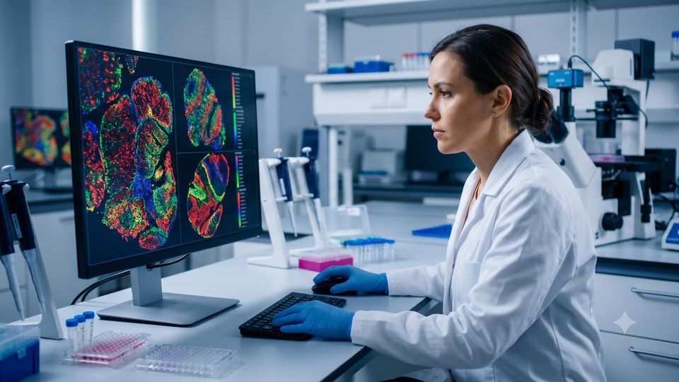 AI-generated molecular biologist reviewing spatial transcriptomics probe design software in a modern research laboratory.