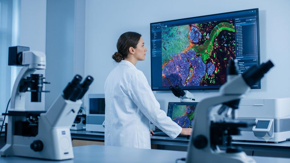 AI-generated image of a researcher analyzing multiplexed tissue imaging data on a display in a modern laboratory.