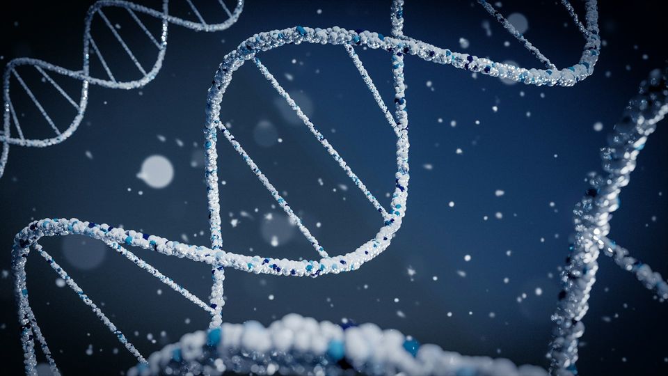 NA double helix strands in a 3D genetic illustration with floating molecular particles.