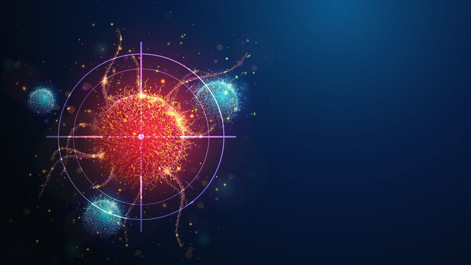 Illustration of a cancer cell covered by a target marker. Surrounding the cancer cell are three immune cells.