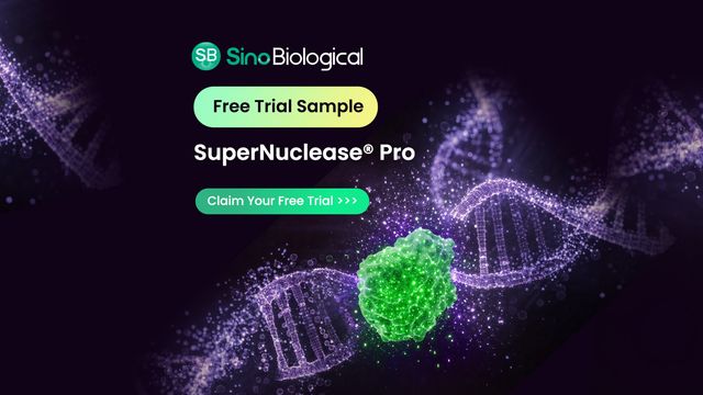 Sino Biological banner offering a free trial of SuperNuclease Pro, with glowing DNA strands. 