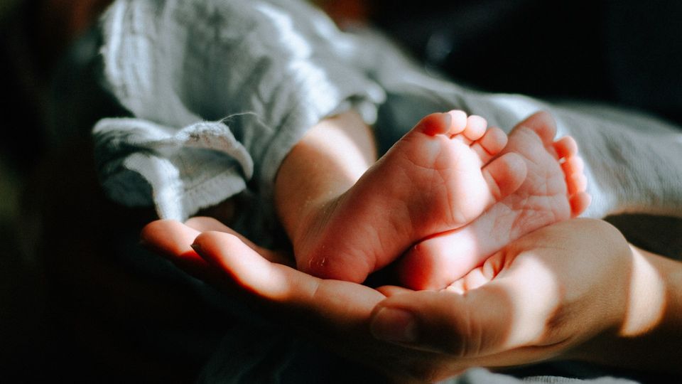 Baby’s tiny feet resting in an adult’s hands.