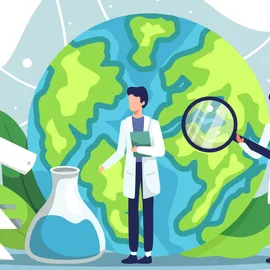 Three scientists in lab coats study Earth with lab equipment, a microscope, and a magnifying glass.