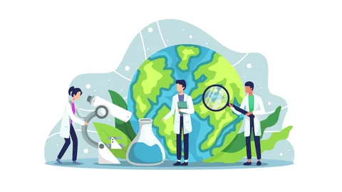 Three scientists in lab coats study Earth with lab equipment, a microscope, and a magnifying glass.