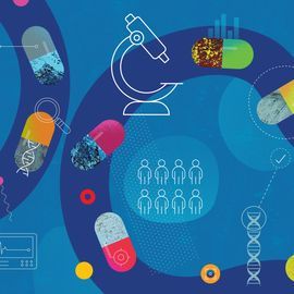 Colorful illustration depicting a drug development pipeline, with scattered pills, DNA, and patient icons representing precision medicine. 