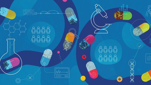 Colorful illustration depicting a drug development pipeline, with scattered pills, DNA, and patient icons representing precision medicine. 