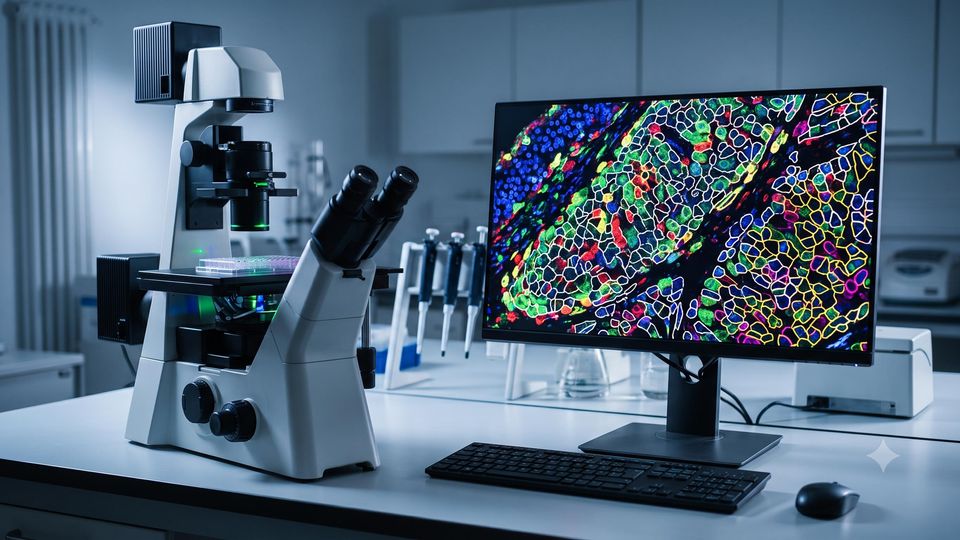 AI-generated image of a fluorescence microscope and monitor displaying a multicolor multiplexed tissue map in a laboratory.
