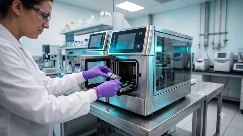 AI-generated image of a researcher loading a tissue slide into a mass spectrometry imaging instrument in a modern laboratory.