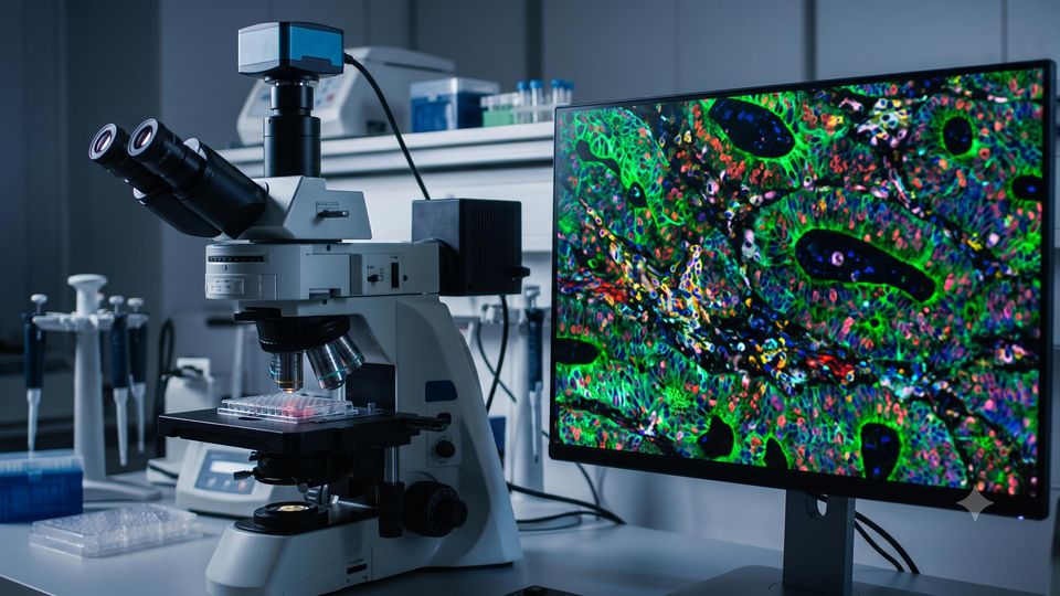 AI-generated image of a laboratory fluorescence microscope and a multiplexed tissue imaging display screen.