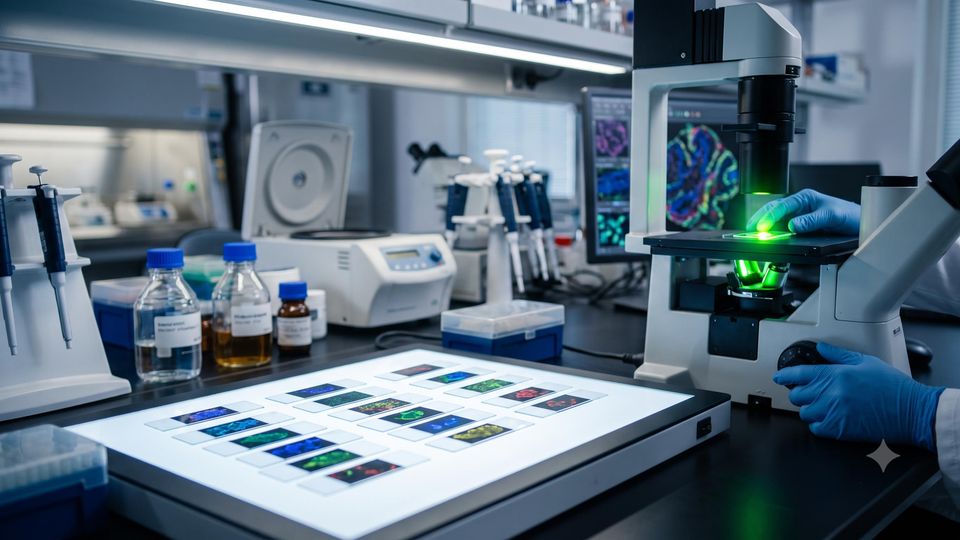 AI-generated image of a tissue imaging laboratory with fluorescence microscope and tissue slides under cinematic lighting.
