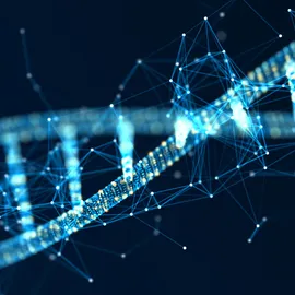 Illustration of an mRNA molecular strand with a digital network, representing quality control across mRNA manufacturing.