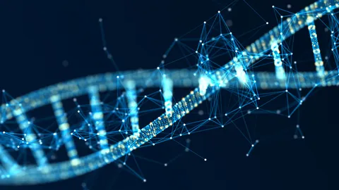 Illustration of an mRNA molecular strand with a digital network, representing quality control across mRNA manufacturing.
