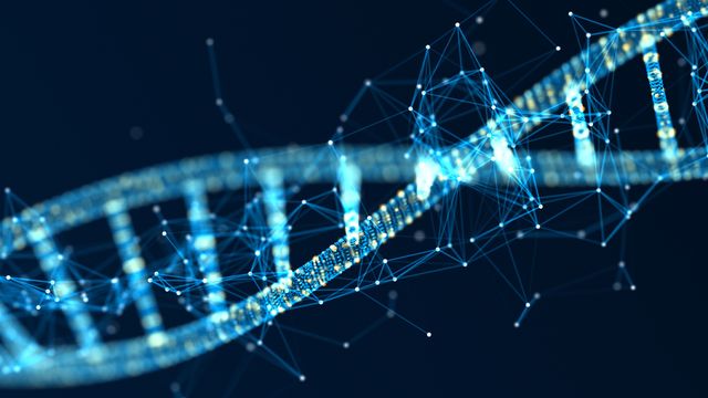 Illustration of an mRNA molecular strand with a digital network, representing quality control across mRNA manufacturing. 