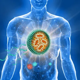 Illustration of a transparent person with a cell structure in the chest area, surrounded by DNA strands on a blue background.