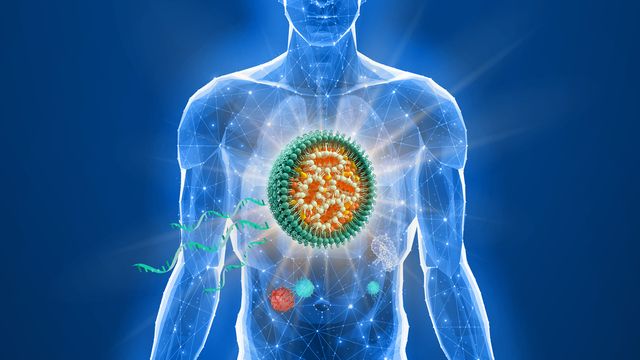 Illustration of a transparent person with a cell structure in the chest area, surrounded by DNA strands on a blue background. 