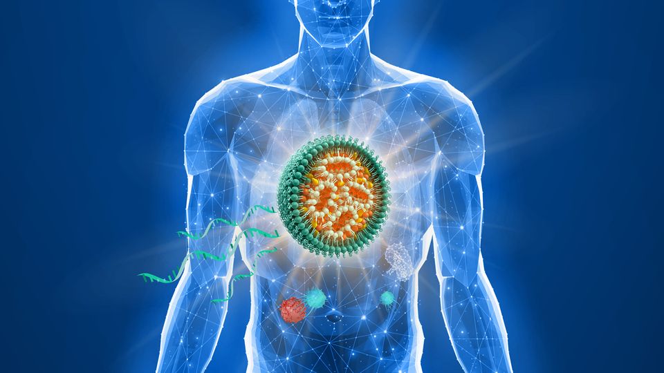 Illustration of a transparent person with a cell structure in the chest area, surrounded by DNA strands on a blue background.