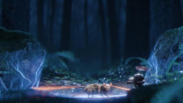 Animated illustration of a laboratory mouse in a virtual research environment. 