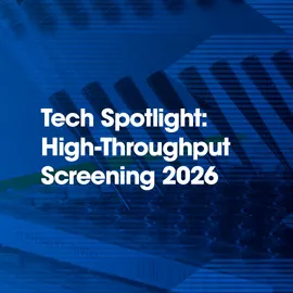 Blue scientific background featuring pipettes, with overlaid text reading “Tech Spotlight: High-Throughput Screening”