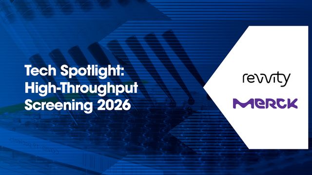 Blue scientific background featuring pipettes, with overlaid text reading “Tech Spotlight: High-Throughput Screening” 