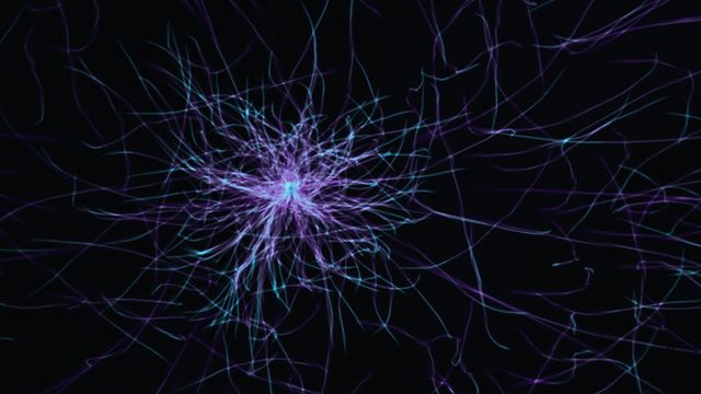 Abstract blue light forming a glowing network of fine lines, appearing similar to a brain neuron structure. 