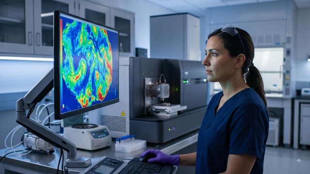 AI-generated image of a researcher reviewing spatial metabolomics ion maps on a monitor beside a mass spectrometer. 