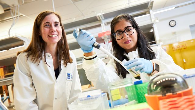 Dr. Katherine Aird and another researcher in a lab. 
