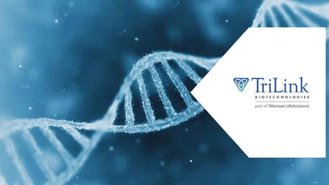 Close-up illustration of a DNA double helix on a blue scientific background alongside the TriLink Biotechnologies logo, representing genetic research, biotechnology
