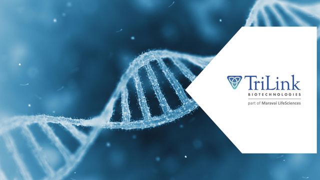 Close-up illustration of a DNA double helix on a blue scientific background alongside the TriLink Biotechnologies logo, representing genetic research, biotechnology 